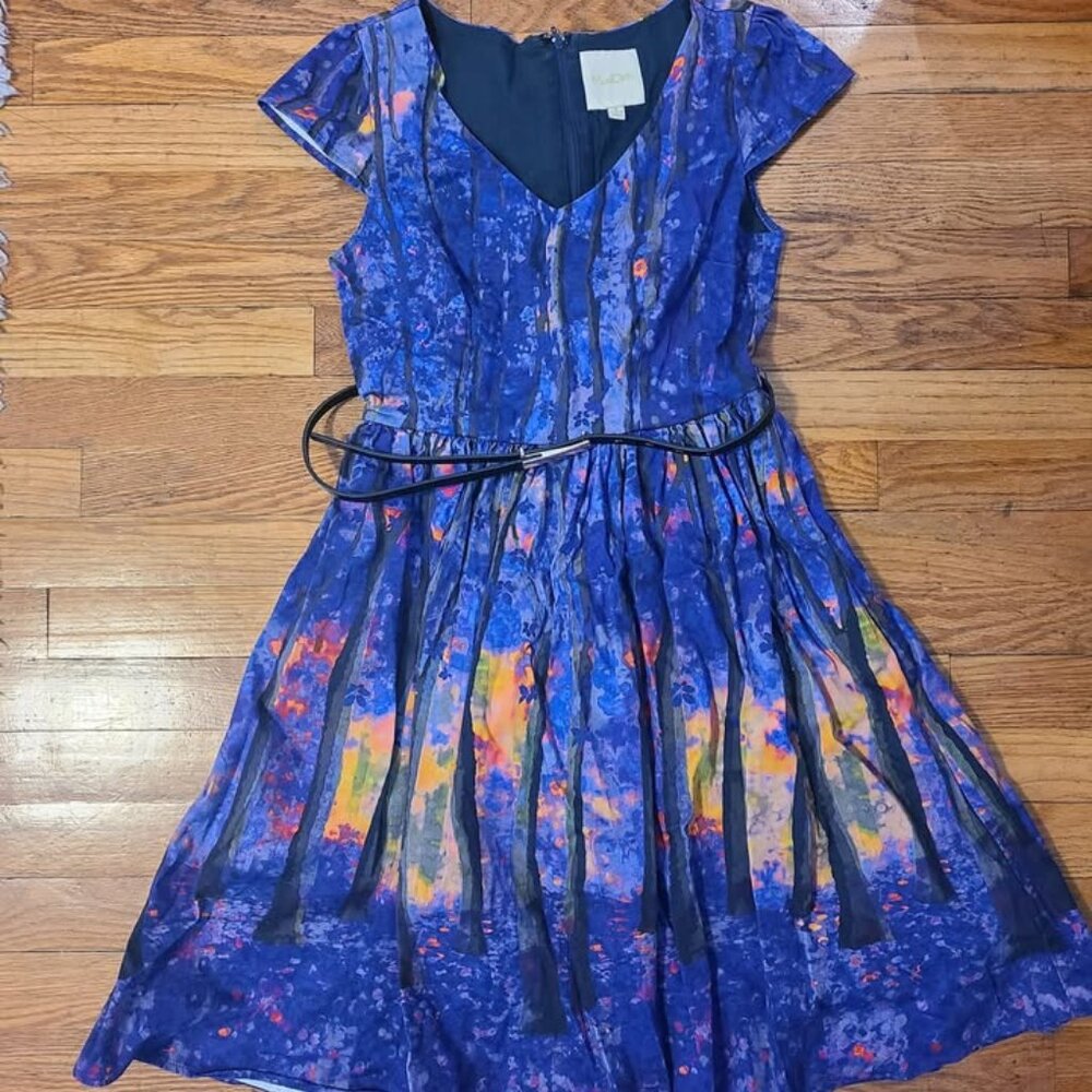 VGUC- Modcloth Tree/Forest Dress-Size small, belt included - Colorful